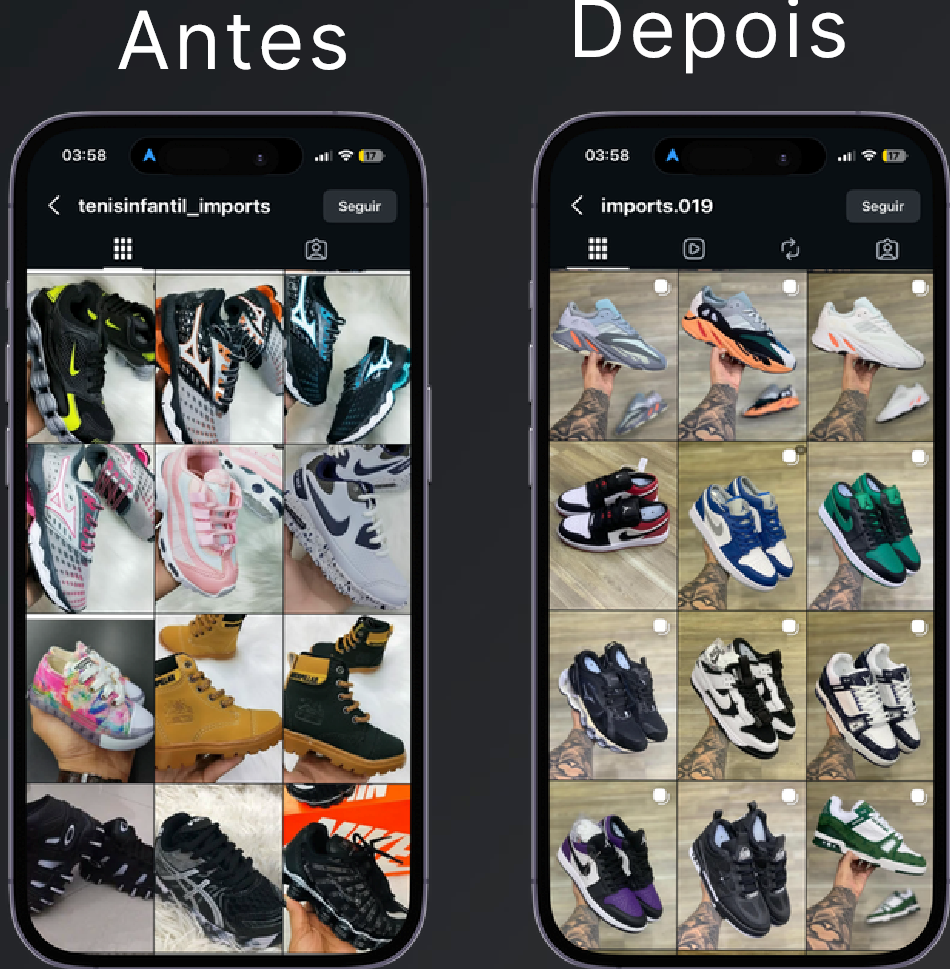 Antes e depois do feed da loja de tênis importados